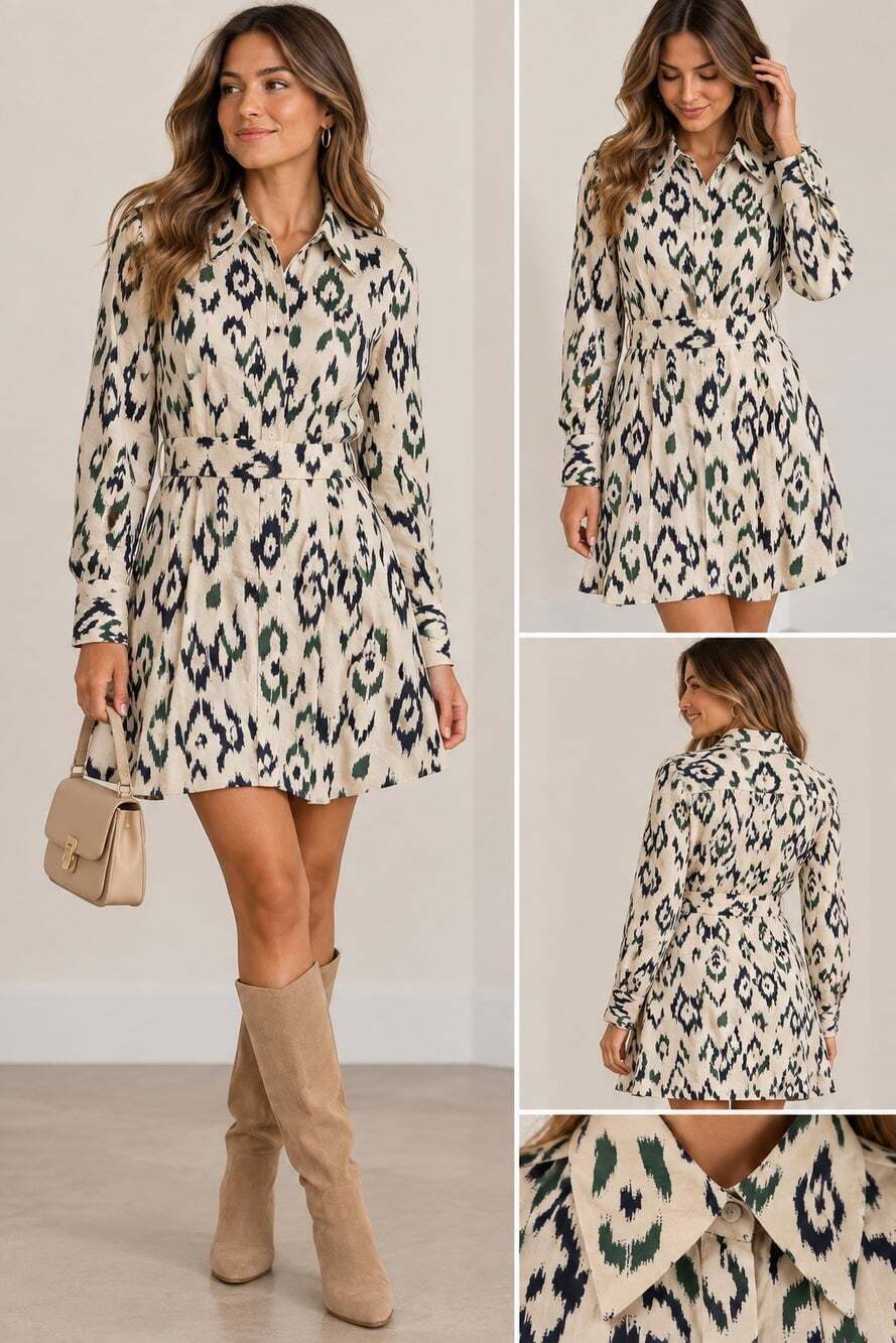 Zara Ikat Print Belted Shirt Dress Green Navy Cream Size L NWT